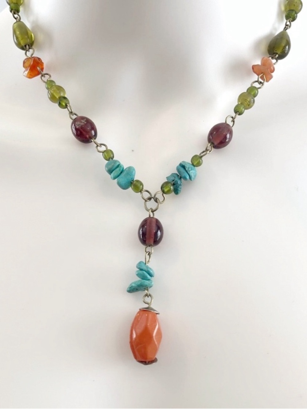 Vintage Multi-Color Gemstone Necklace Beaded Drop Womens Boho Jewelry